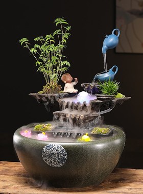 创意流水生财陶瓷悬壶摆件循环水喷泉造景客厅办公室桌面招财礼品
