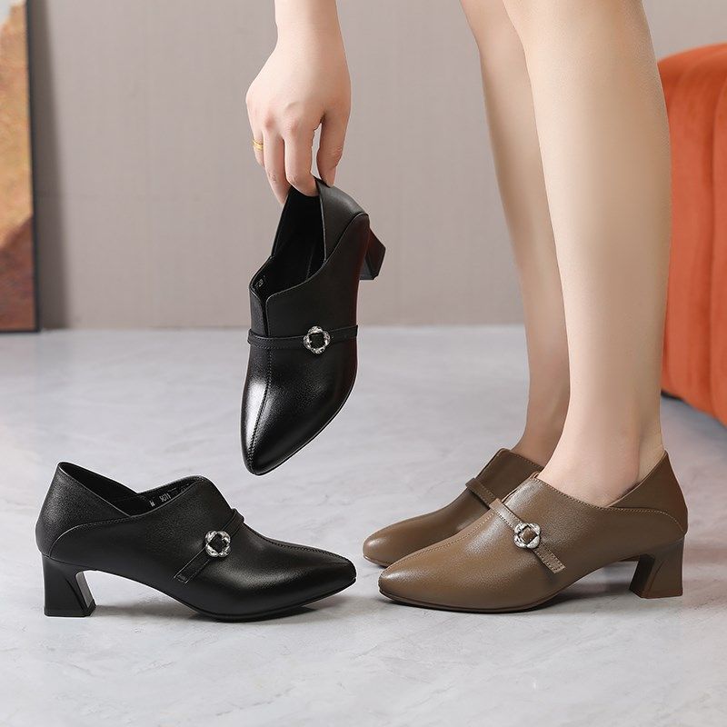 尖头通勤高跟鞋女2025新款春季深口单鞋真皮软底小皮鞋粗跟妈妈鞋,淘宝优惠券,粉丝福利购,淘宝优惠卷