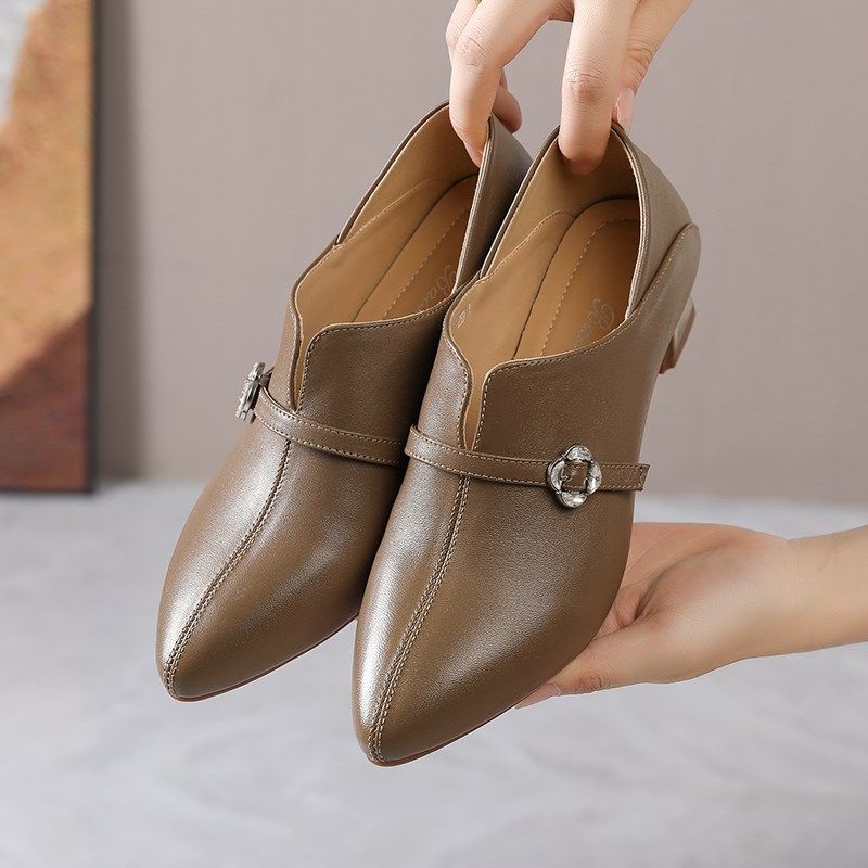 尖头通勤高跟鞋女2025新款春季深口单鞋真皮软底小皮鞋粗跟妈妈鞋,淘宝优惠券,粉丝福利购,淘宝优惠卷