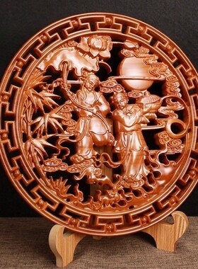 桃木和合二圣摆件家居客厅家用婚房挂件卧室木雕结婚送礼摆设礼物