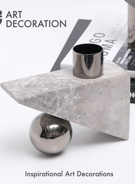 北欧现代极简轻奢大理q石金属花器烛台摆件创意软装配饰摆场道具