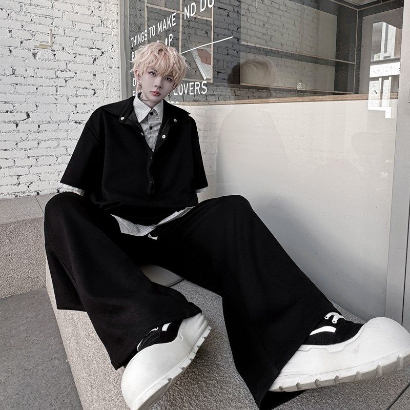 夏装翻领钮扣假两件拼接衬衫领小众短袖卫衣套装阔腿卫裤两件套潮,淘宝优惠券,粉丝福利购,淘宝优惠卷