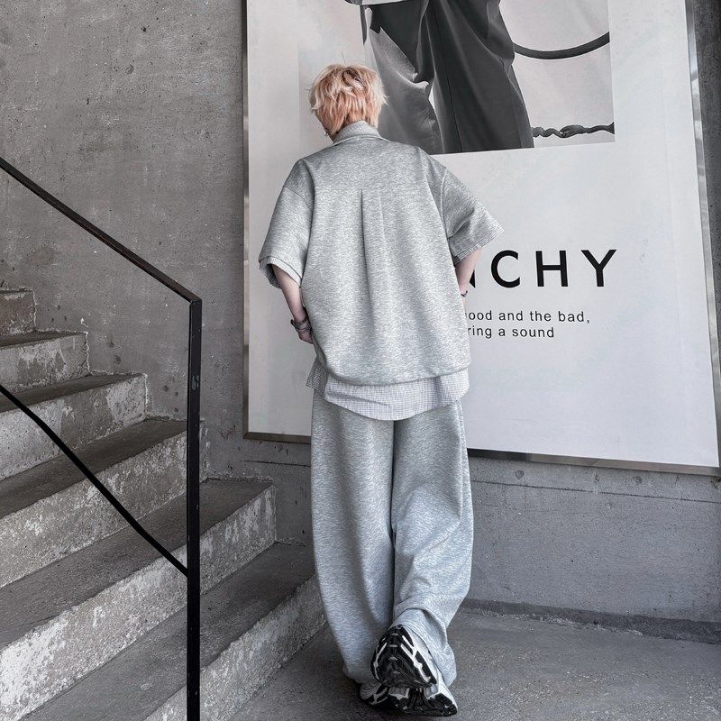 夏装翻领钮扣假两件拼接衬衫领小众短袖卫衣套装阔腿卫裤两件套潮,淘宝优惠券,粉丝福利购,淘宝优惠卷