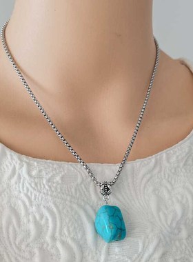 复古随形子绿松石吊坠民族风不规则大颗粒锁骨链简约男女款项链