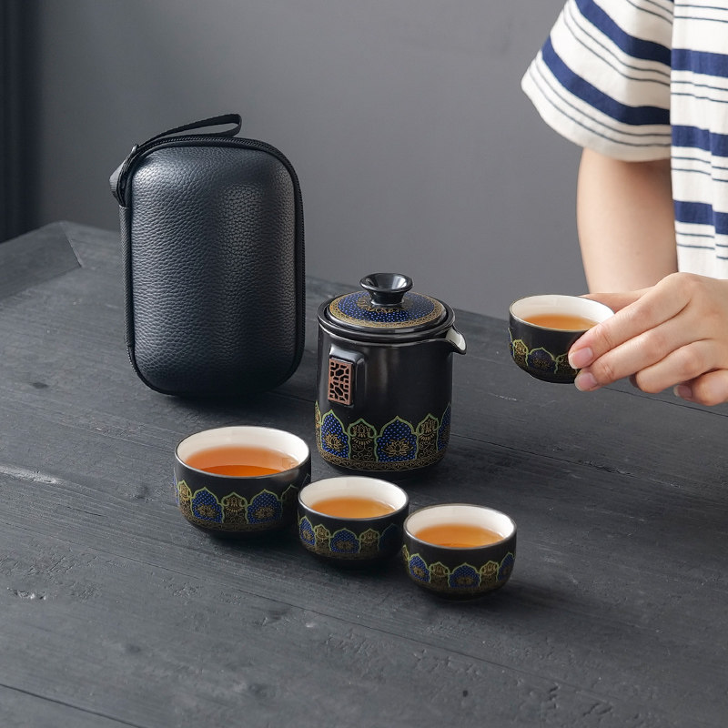 Travel tea set, one pot and four cups outdoors, home camping equipment, ceramic kung fu teapot carrying bag