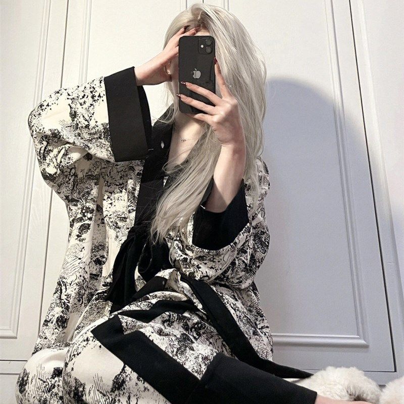 国风水墨画印花长袖睡衣女春秋季新款高级吊带长裤家居服三件套装,淘宝优惠券,粉丝福利购,淘宝优惠卷