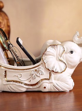 陶瓷大象玄关鞋柜钥匙收纳摆件欧式门口电视遥控器收纳盒客厅创意