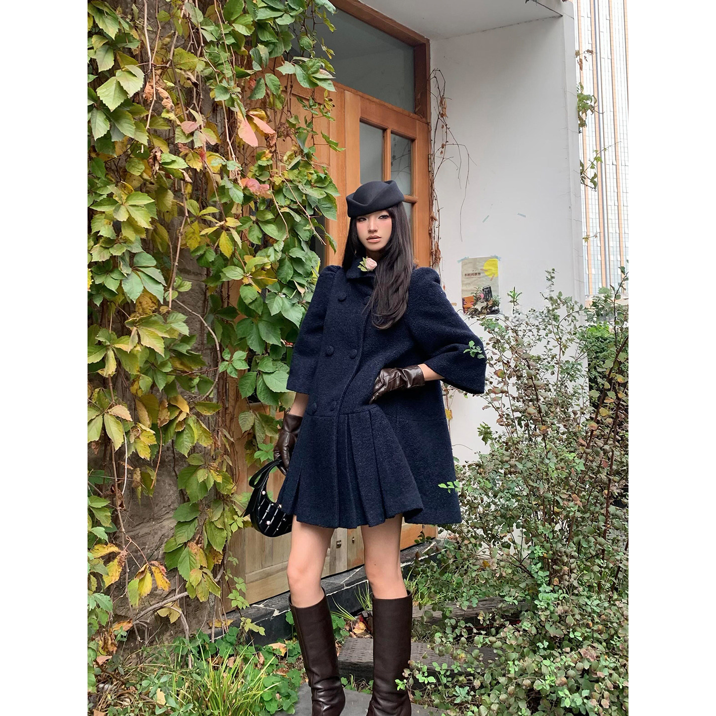 韩系千金高级感下摆压褶毛呢外套女冬季新款双排扣宽松廓形呢大衣,淘宝优惠券,粉丝福利购,淘宝优惠卷