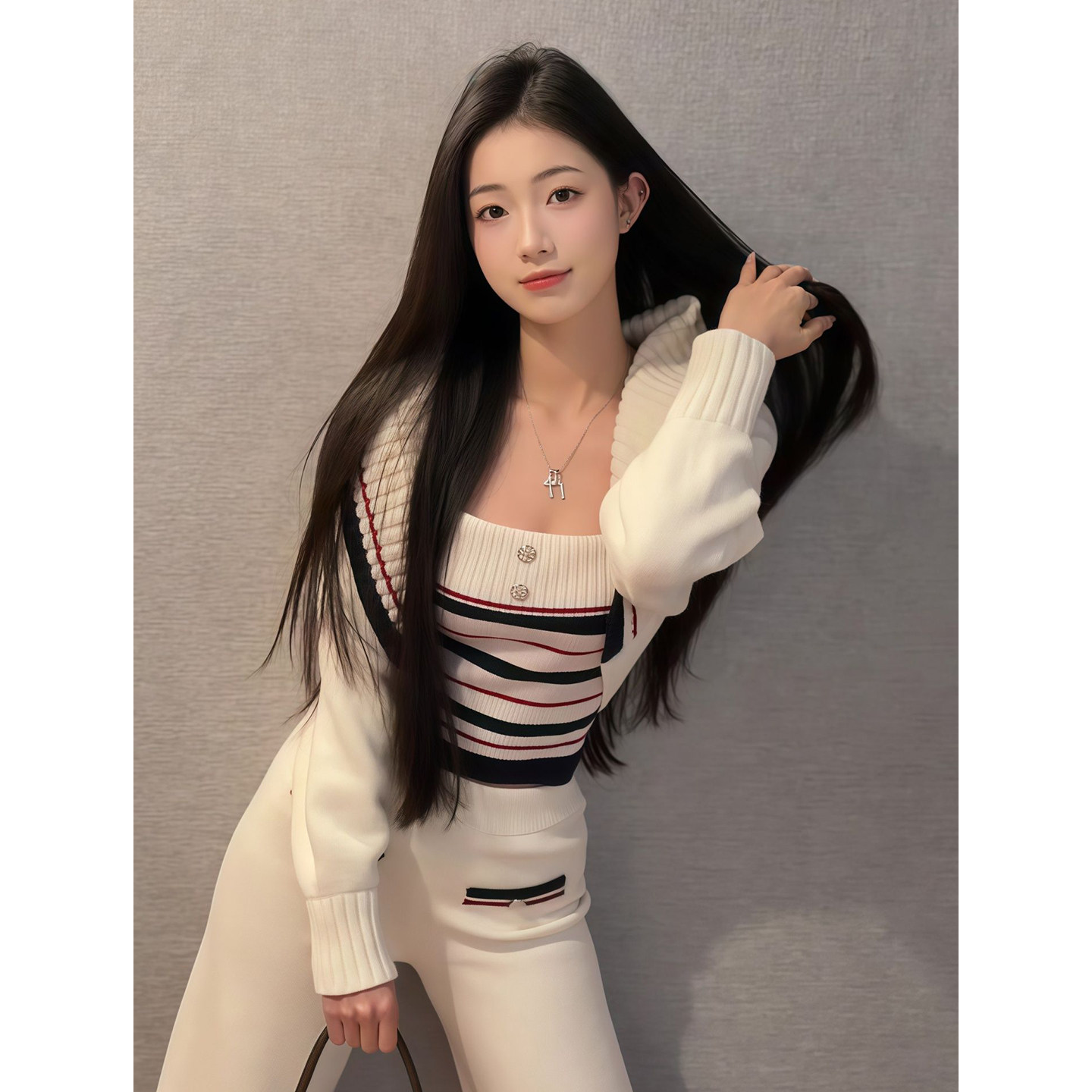 纯欲风抹胸背心条纹短款针织外套搭配白色长裤子套装女修身两件套,淘宝优惠券,粉丝福利购,淘宝优惠卷