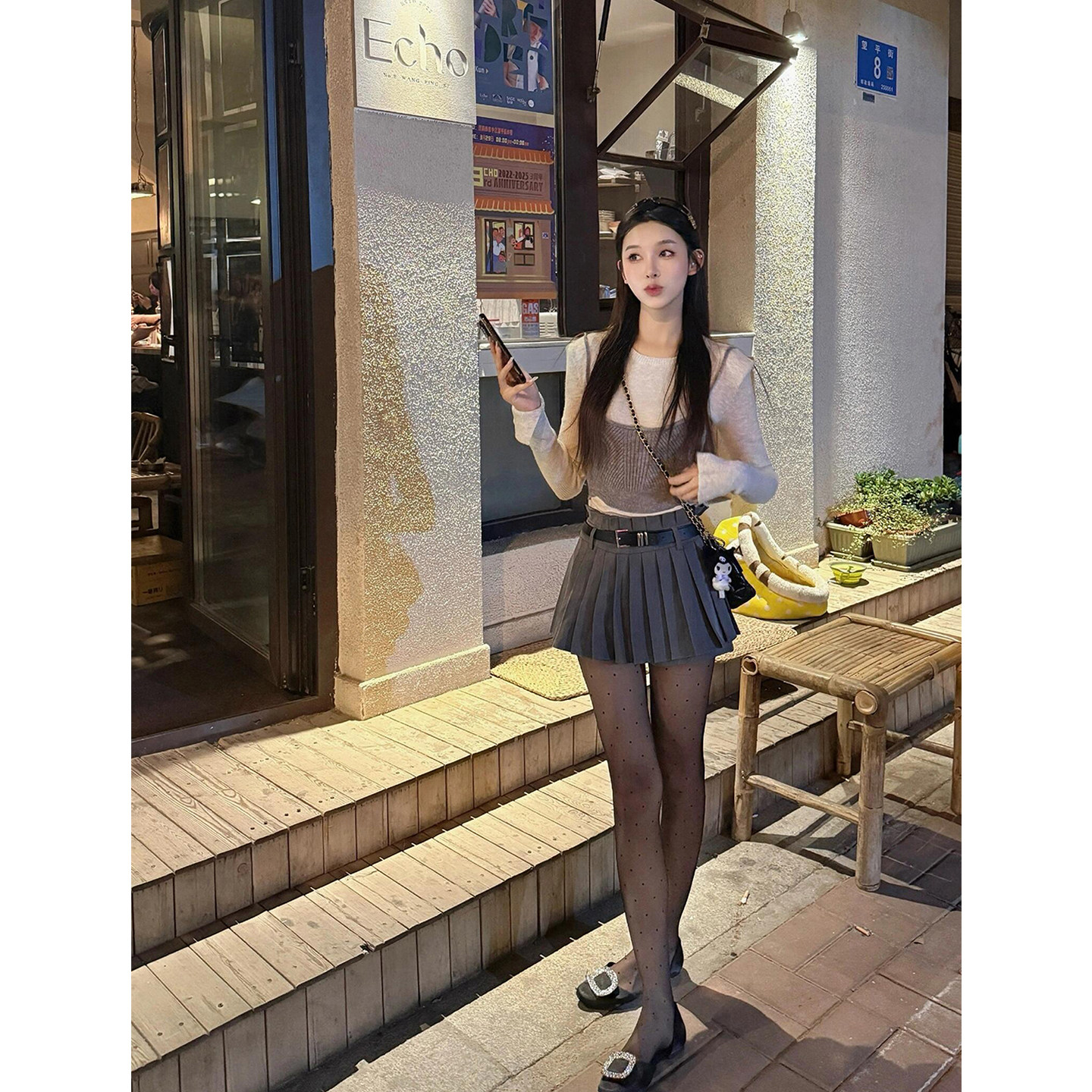 松弛感撞色拼接假两件长袖针织衫女韩版miu系高腰百褶短裙两件套,淘宝优惠券,粉丝福利购,淘宝优惠卷