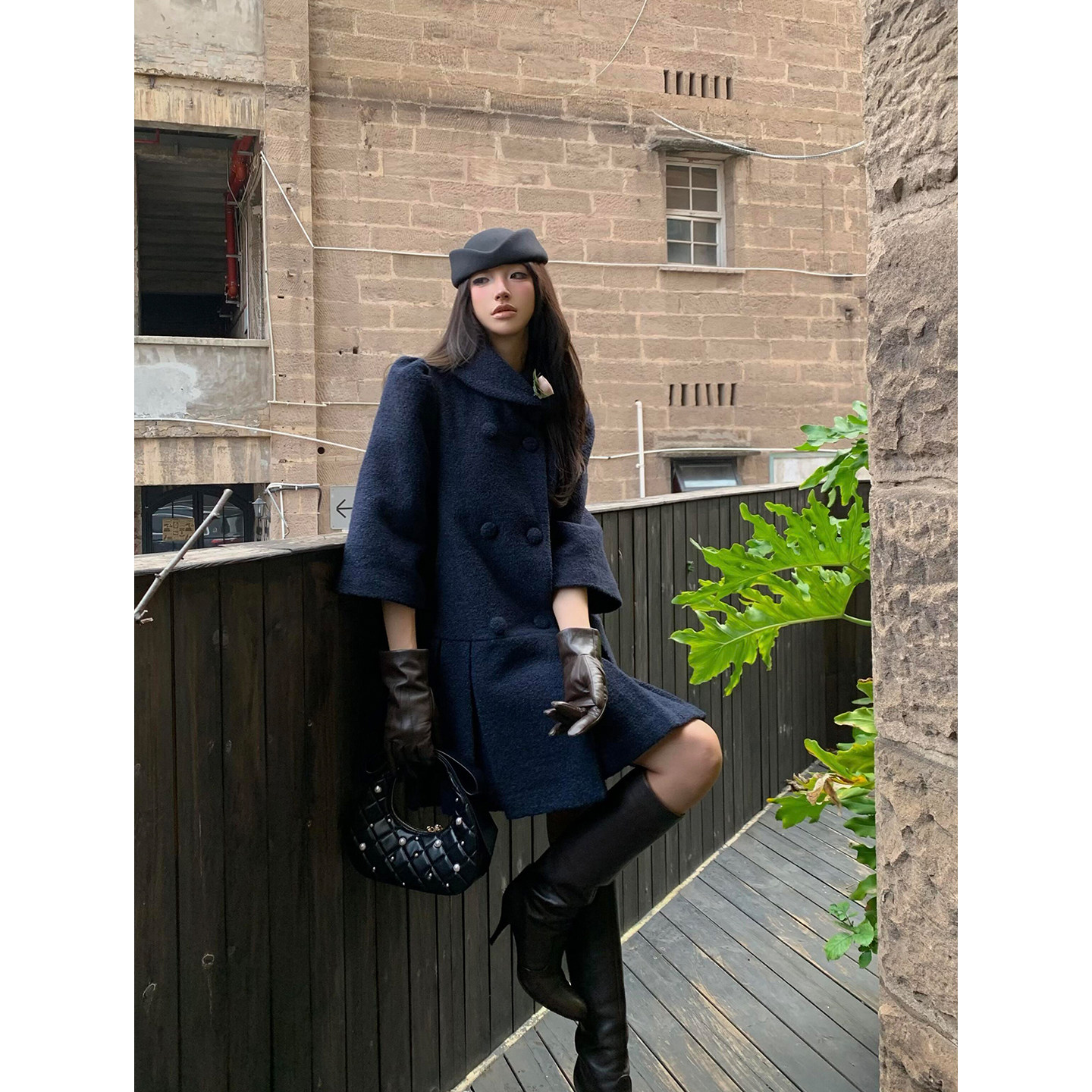 韩系千金高级感下摆压褶毛呢外套女冬季新款双排扣宽松廓形呢大衣,淘宝优惠券,粉丝福利购,淘宝优惠卷