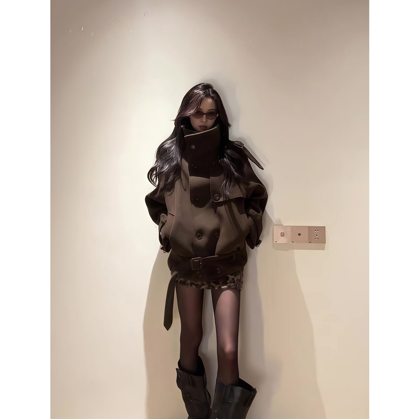 御姐气质双排扣收腰系带廓形毛呢外套女高腰直筒豹纹包臀短裙套装,淘宝优惠券,粉丝福利购,淘宝优惠卷