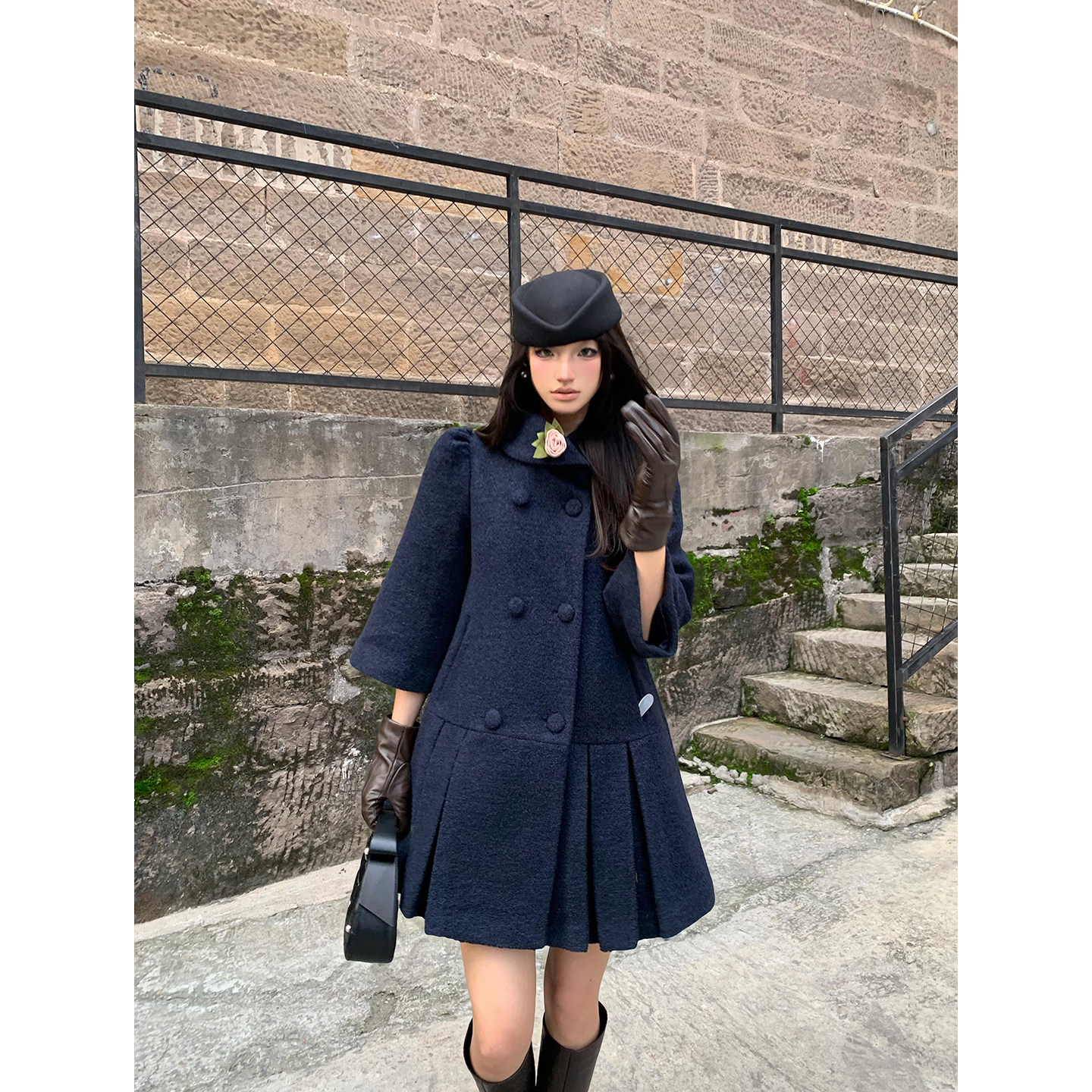 韩系千金高级感下摆压褶毛呢外套女冬季新款双排扣宽松廓形呢大衣,淘宝优惠券,粉丝福利购,淘宝优惠卷