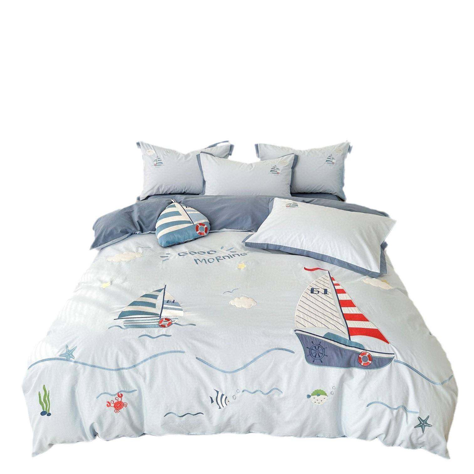 刺绣水洗棉刺绣四件套儿童卡通全棉床单被套男孩女孩纯棉帆船床品,淘宝优惠券,粉丝福利购,淘宝优惠卷
