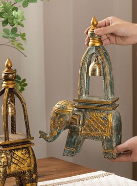 泰国木雕工艺品大象铜铃摆件家居客厅电视酒柜桌面禅意装饰品摆设
