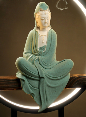 东方泥土陶瓷禅意小观音菩萨佛像摆件 新中式客厅装饰工艺品灯圈