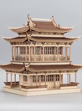 新中式创意木质仿古建筑摆件凉亭房子样板间茶室禅意楼阁装饰品