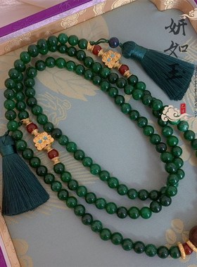 新中式国风复古斜挎链项链流苏绿圆珠撞色显白气质毛衣链女长链子
