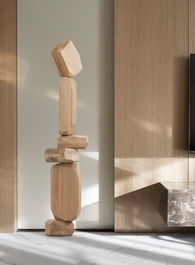 酒店样板间抽象实木雕塑艺术品落地摆件售楼部会所玄关竖高装饰品