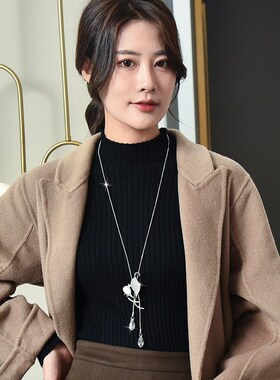 韩国小清新毛衣链秋冬长款项链花朵水晶吊坠女装配饰挂件饰品
