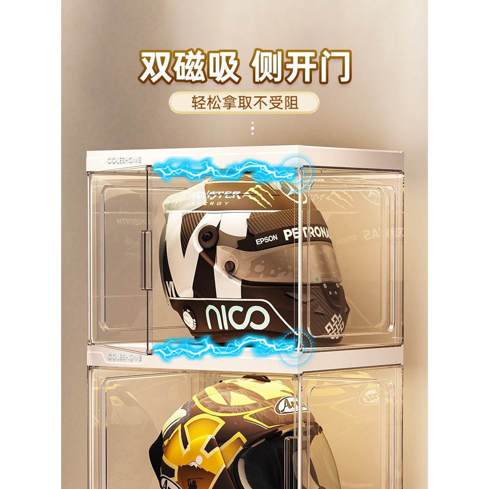 头盔收纳柜透明架摩托车帽子收纳柜子家用带灯展示盒机车装备箱 - 图0