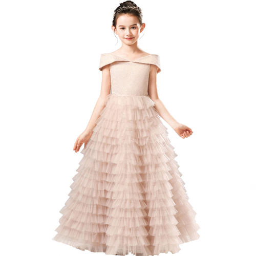 一字肩儿童礼服粉色公主裙钢琴演出服主持蛋糕礼服裙生日蓬蓬长裙 - 图2