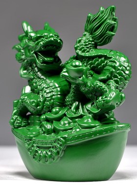 绿色木质龙摆件生肖木头龙家居实木龙雕刻桌面装饰客厅摆设工艺品
