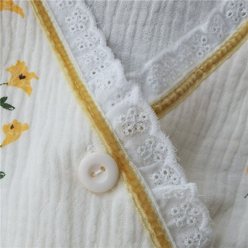 春夏女v领纯棉水洗双层棉纱长袖长裤和服家居服睡衣套装汉服花边,淘宝优惠券,粉丝福利购,淘宝优惠卷