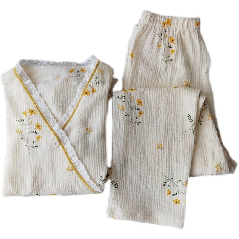 春夏女v领纯棉水洗双层棉纱长袖长裤和服家居服睡衣套装汉服花边,淘宝优惠券,粉丝福利购,淘宝优惠卷