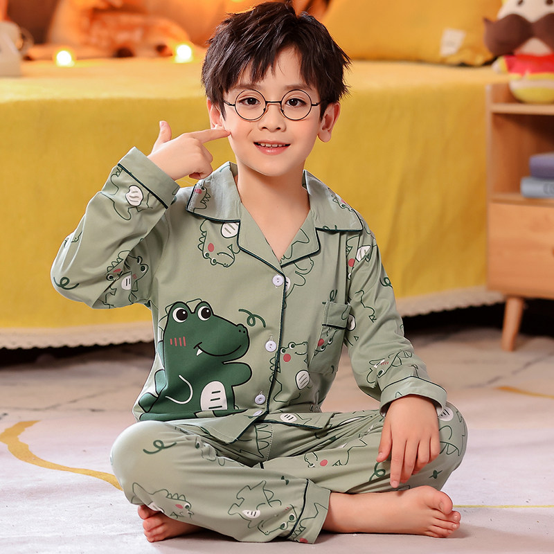 儿童睡衣男宝宝春秋长袖纯棉薄款男孩卡通可爱恐龙家居服开衫套装,淘宝优惠券,粉丝福利购,淘宝优惠卷