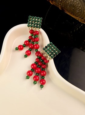 红色串珠耳环项链套装复古个性时尚旗袍配饰民族风重工耳饰脖链