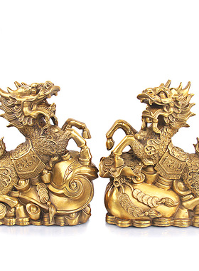 铜麒麟摆件一对纯铜大号财富麒麟工艺品招财客厅家居饰品开业礼品