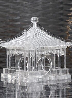 新中式透明古建筑凉亭摆件屋檐工艺品禅意样板房玄关书柜软装饰品