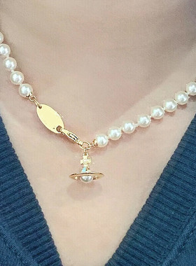 Vivanne西太后 蓝白珐琅珍珠项链生日表白礼物送女友轻奢蓝绿色