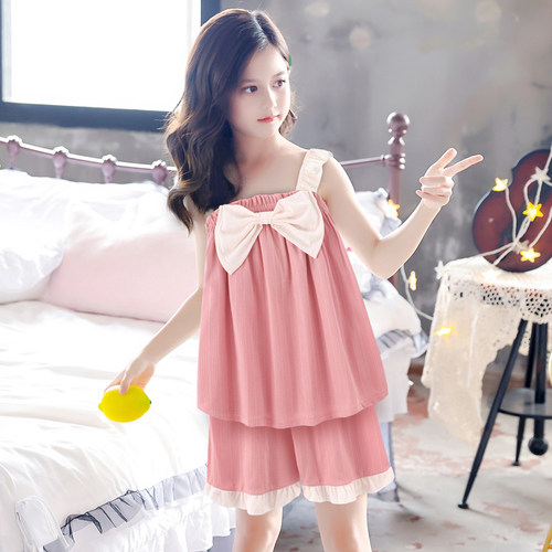 女童睡衣夏季洋气公主风吊带短裤纯棉2023年新款可外穿家居服套装 - 图0