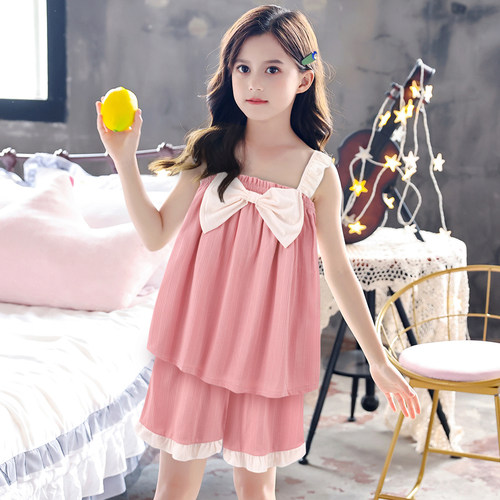 女童睡衣夏季洋气公主风吊带短裤纯棉2023年新款可外穿家居服套装 - 图1