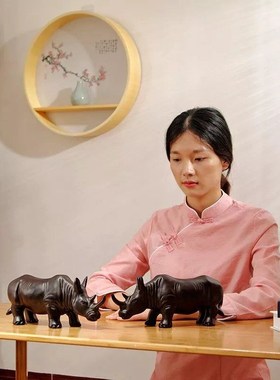 黑檀木雕犀牛摆件实木质雕刻动物家装办公室桌面装饰品红木工艺品