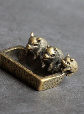 实心纯黄铜办公桌面小摆件香插小猪槽茶宠饰品工艺品礼品手把玩件