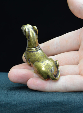 中式古典茶宠把玩件黄铜摆件旺财铜狗招财铜器书房镇纸实心铜铸