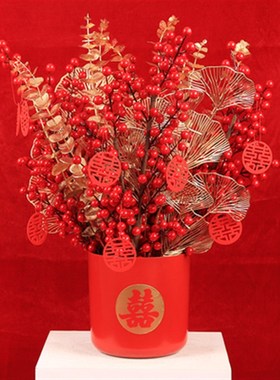 乔迁红果福桶发财果摆件结婚开业客厅喜庆婚房玄关电视柜新婚摆设