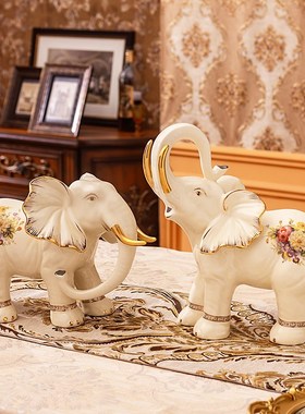 欧式陶瓷办公室装饰摆件大象一对轻奢高级感客厅高档大气吸水招财
