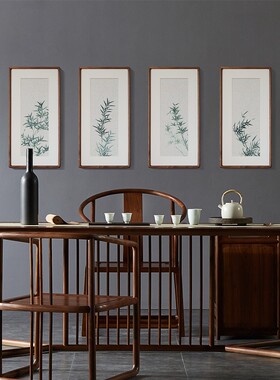 绿色竹子装饰画新中式日式茶室竖版四联办公室餐厅玄关实木壁挂画