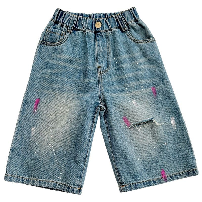 洋气破洞~男童薄软漆点牛仔五七分短裤2024夏季新款儿Z童百搭中裤,淘宝优惠券,粉丝福利购,淘宝优惠卷