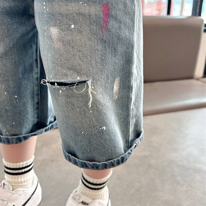 洋气破洞~男童薄软漆点牛仔五七分短裤2024夏季新款儿Z童百搭中裤,淘宝优惠券,粉丝福利购,淘宝优惠卷