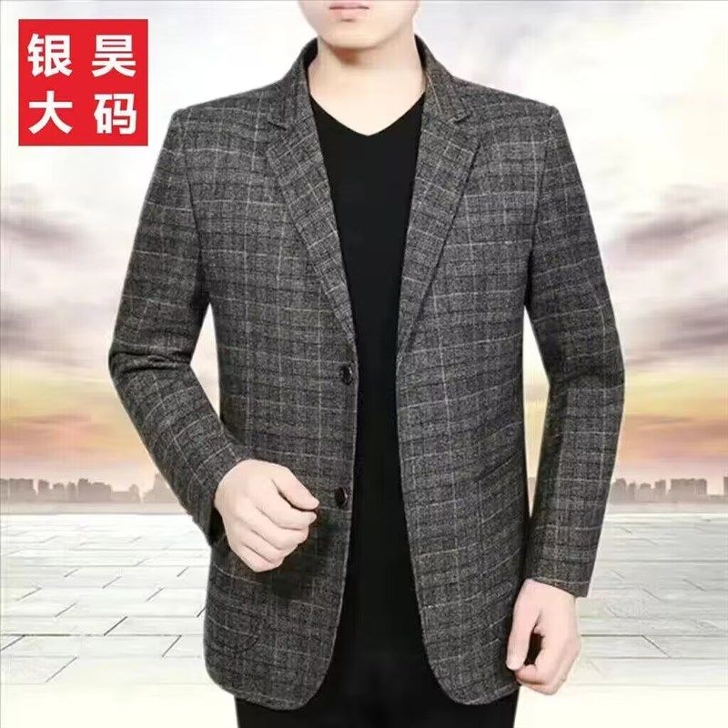 西装男款春秋外套休闲加肥格子立体贴袋中青年宽松西服新品爸爸装,淘宝优惠券,粉丝福利购,淘宝优惠卷