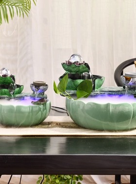 中式荷花风生水起循环流水喷泉摆件客厅办公室鱼缸装饰开业乔迁礼