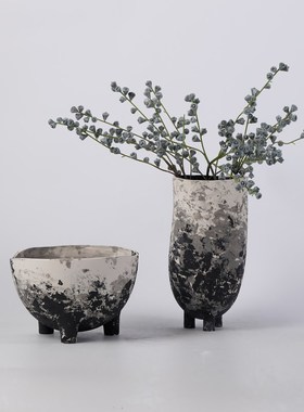 新中式侘寂风黑白手绘墨染复古陶瓷花瓶摆件样板间售楼处客厅装饰