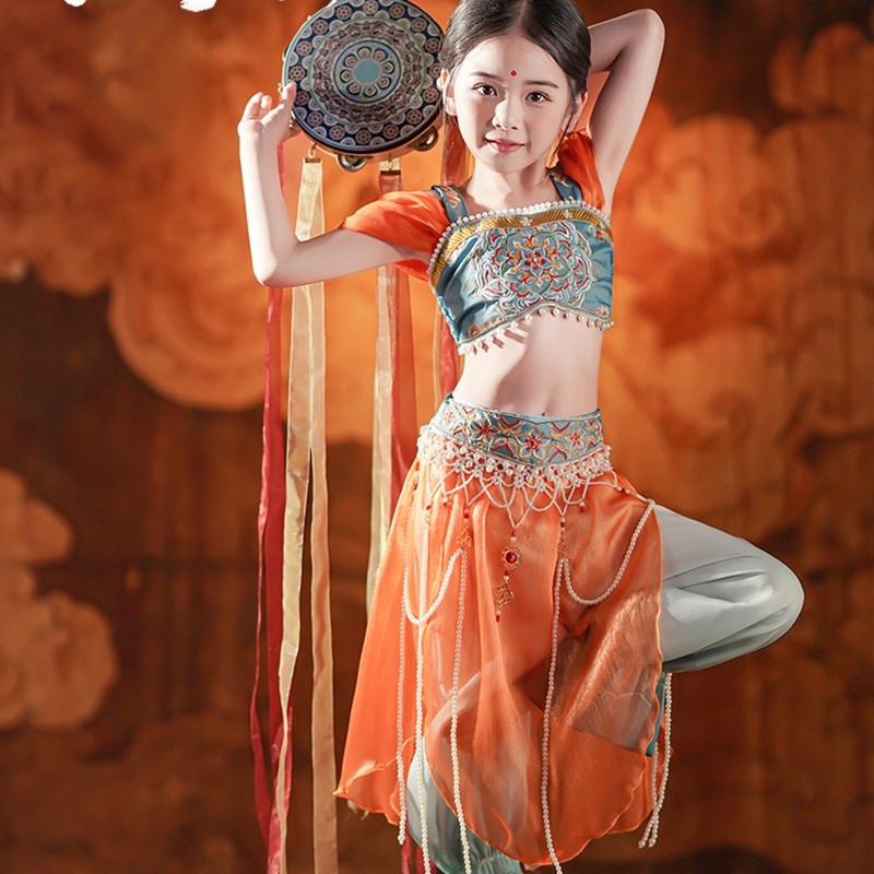 儿童西域敦煌飞天乐鼓舞蹈服汉服腰链女童古典舞异域风情演出服 - 图0