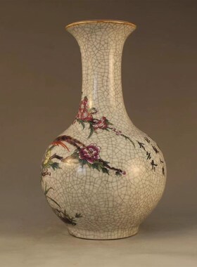 景德镇仿古陶瓷器粉彩花鸟赏瓶裂纹花瓶三月牡丹瓶家居装饰摆件