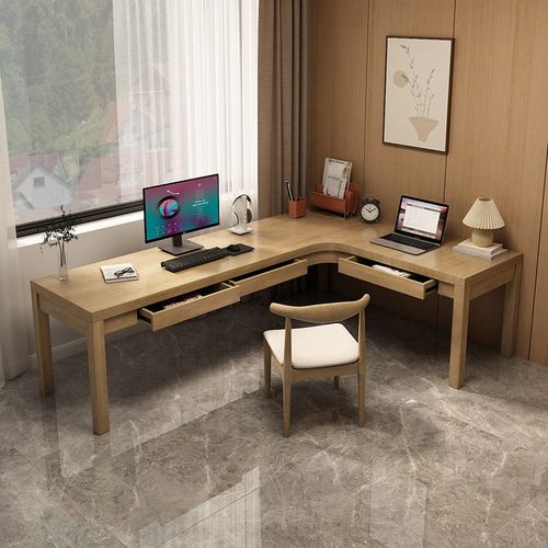 实木转角书桌双人电脑桌家用书房拐角长条L字型办公工作台抽屉桌 - 图0